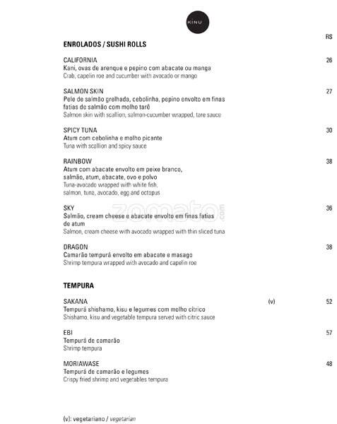Sushibar Kinu cardápio