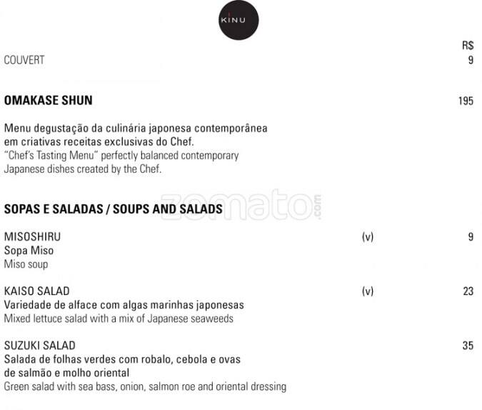 Sushibar Kinu cardápio