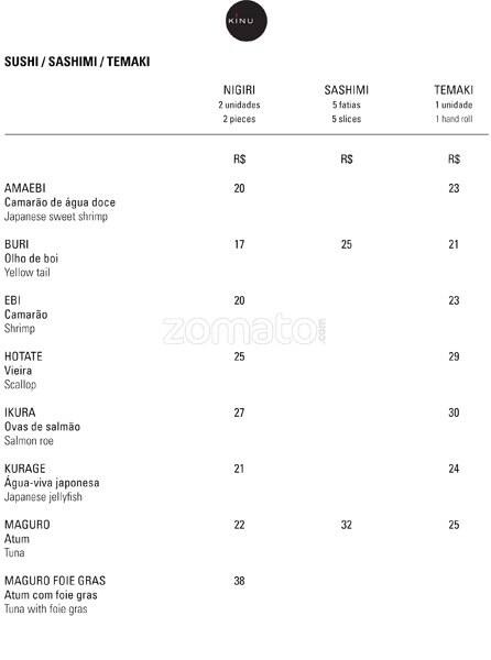 Sushibar Kinu cardápio