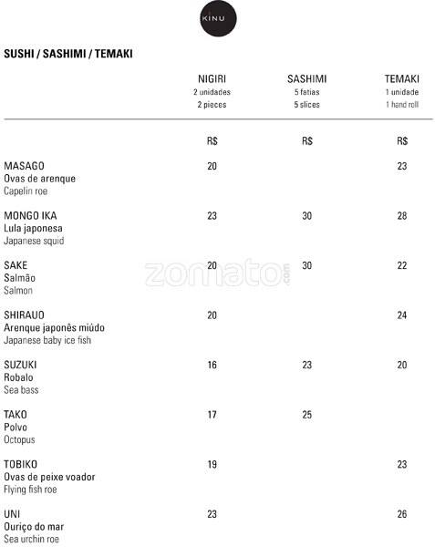 Sushibar Kinu cardápio