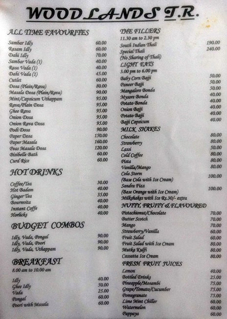 Woodlands Veg Restaurant menu