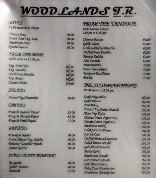 Woodlands Veg Restaurant menu