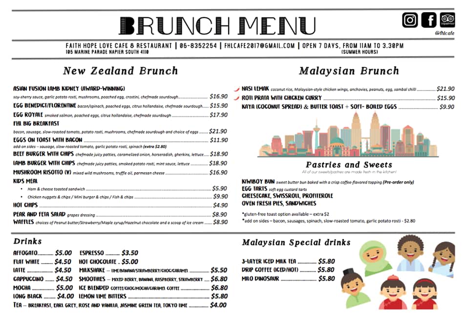 Menu at Faith Hope Love Malaysian Cafe, Napier