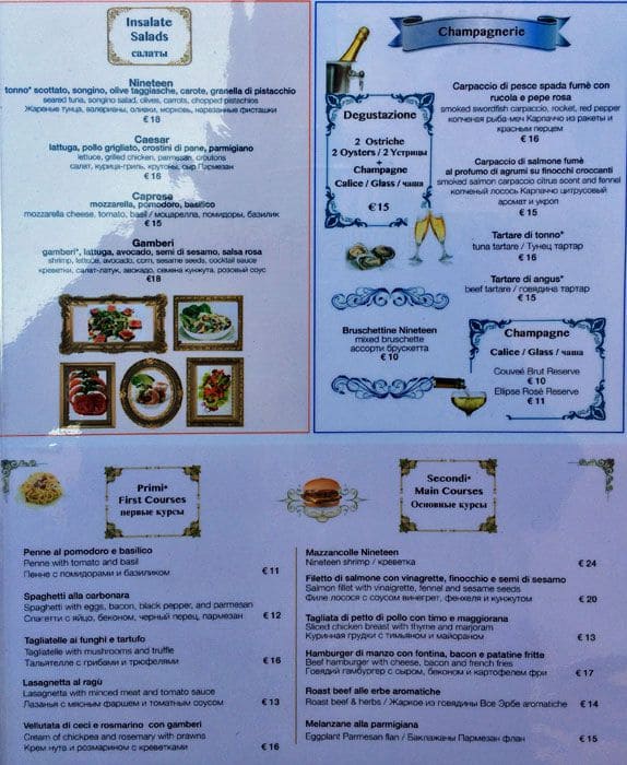 Menu di Nineteen 