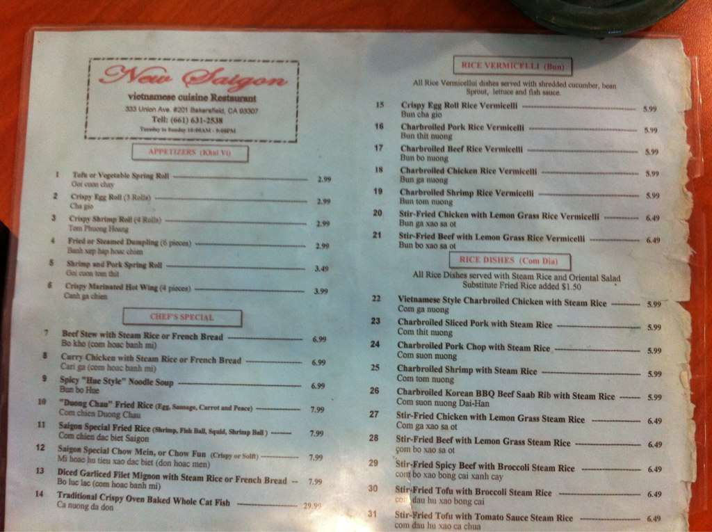 Menu at New Saigon Restaurant, Bakersfield
