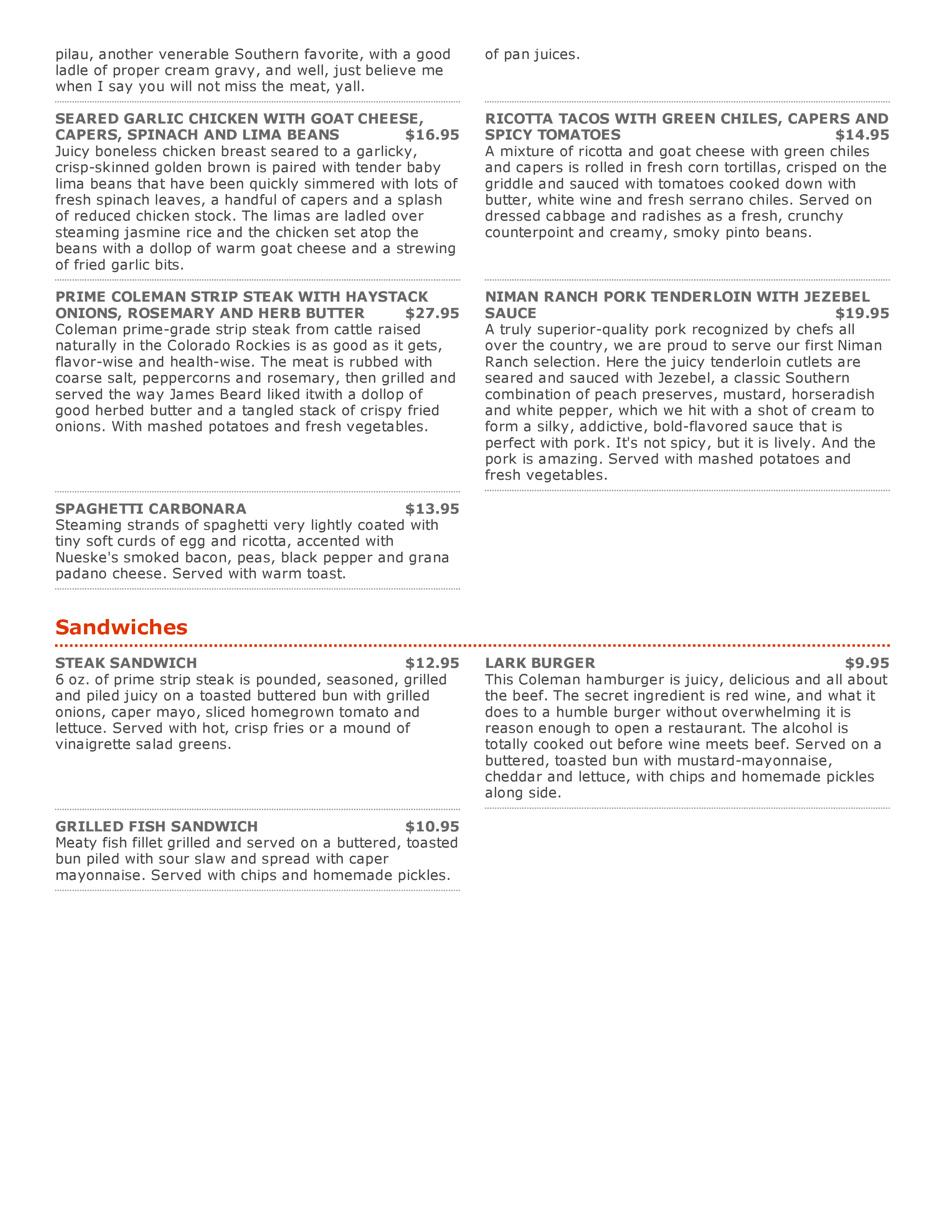 Menu at Meadowlark Restaurant, Dayton