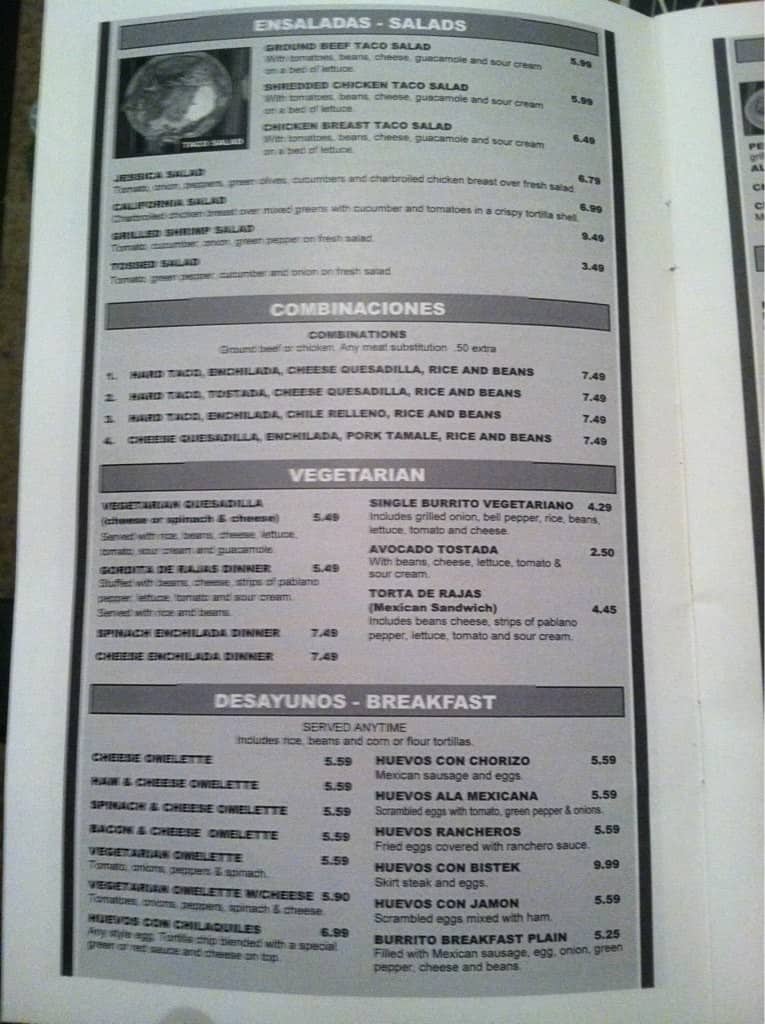 Menu at Burrito Brothers restaurant, Asheboro