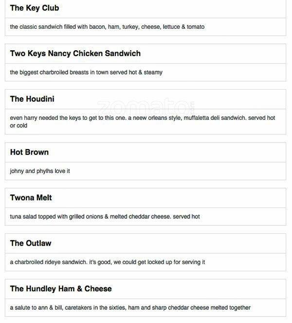 Carta de Two Keys Tavern