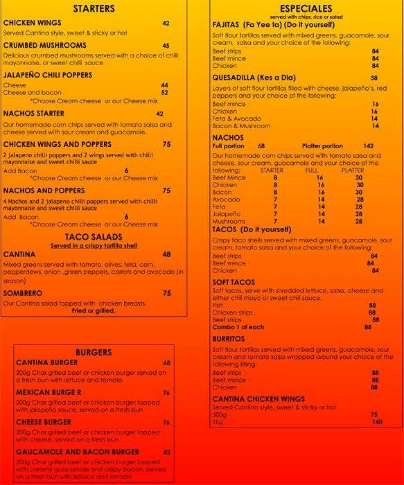 Cantina Tequila Menu, Menu for Cantina Tequila, Bellville, Cape Town ...