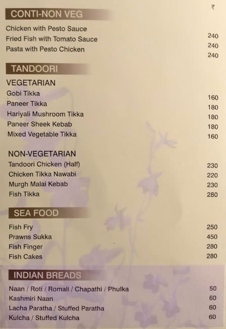 Tiffinys Restaurant menu