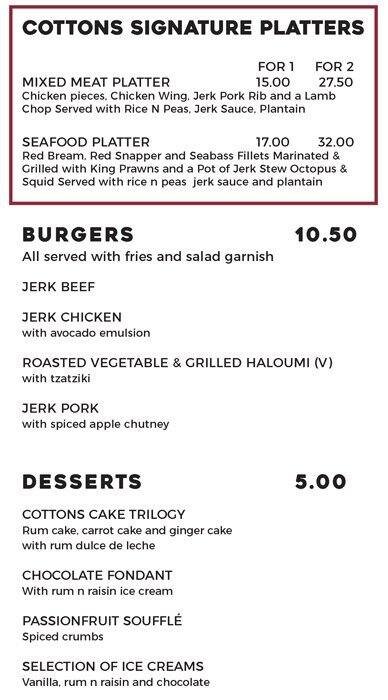 Cotton's Rhum Shack menu
