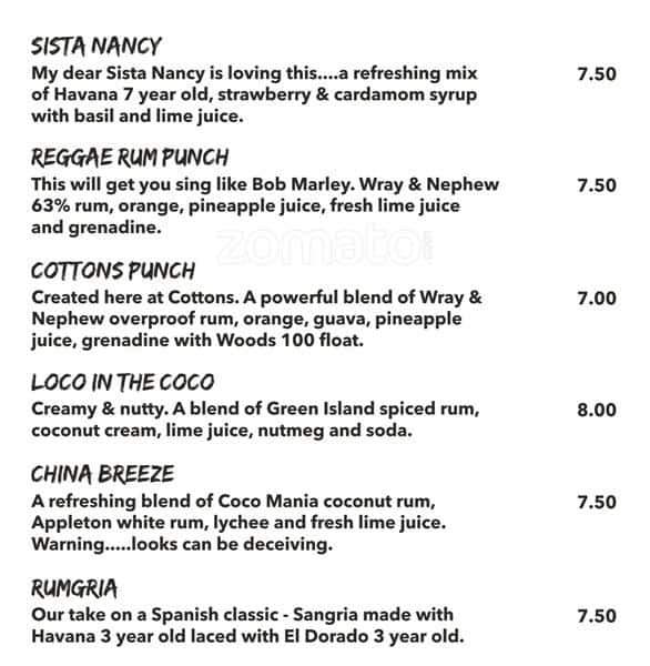 Cottons Rhum Shack Menu, Menu for Cottons Rhum Shack, Shoreditch ...