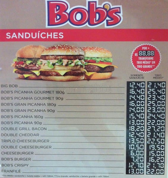 Bob's cardápio