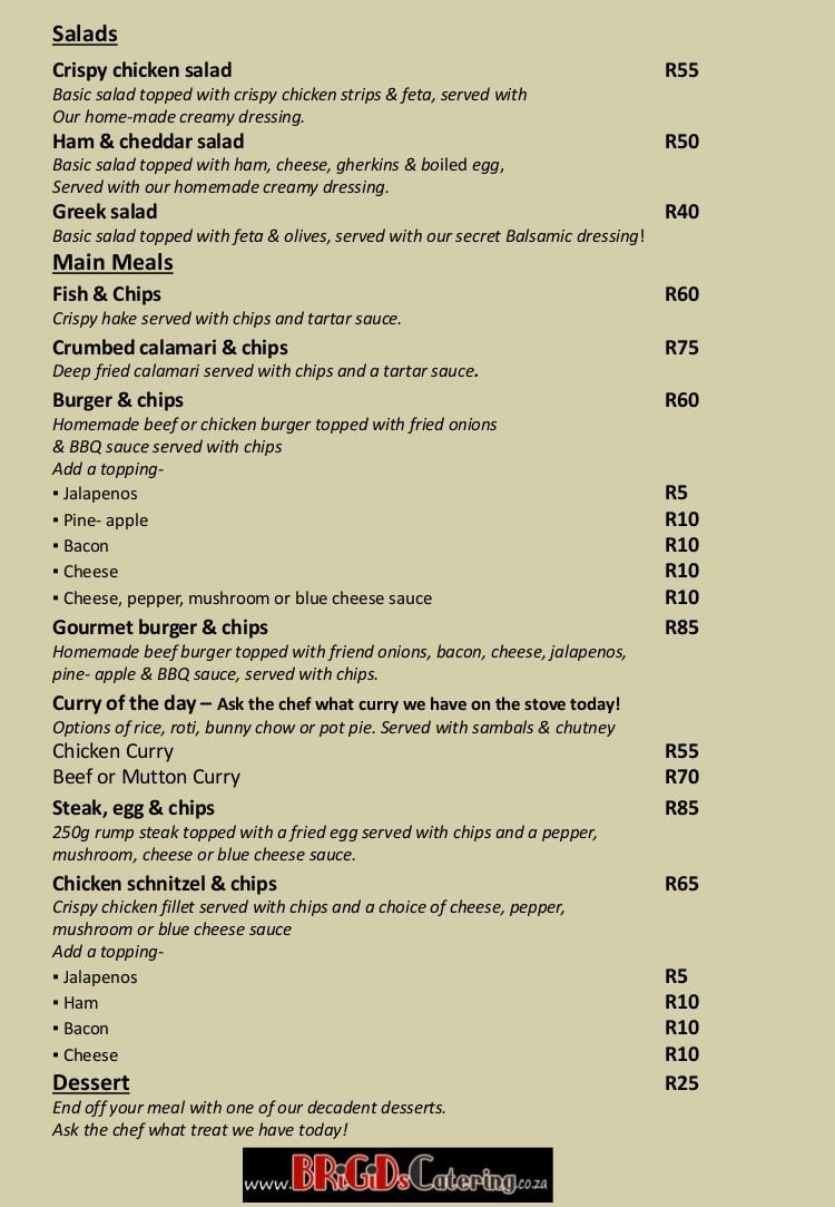 Menu at Brigid's Catering pub & bar, Durban