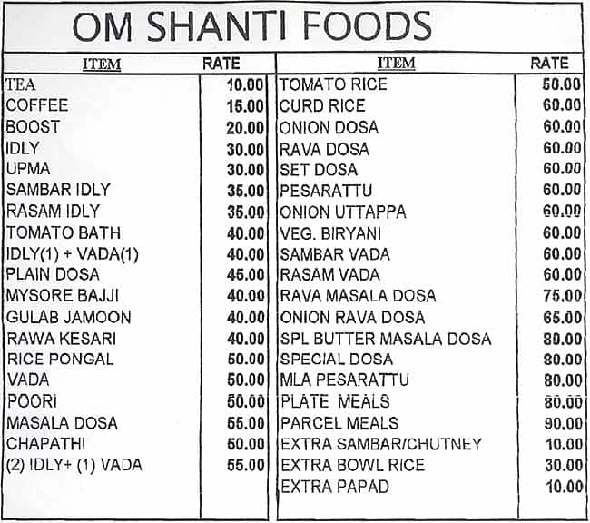 Om Shanti Foods menu