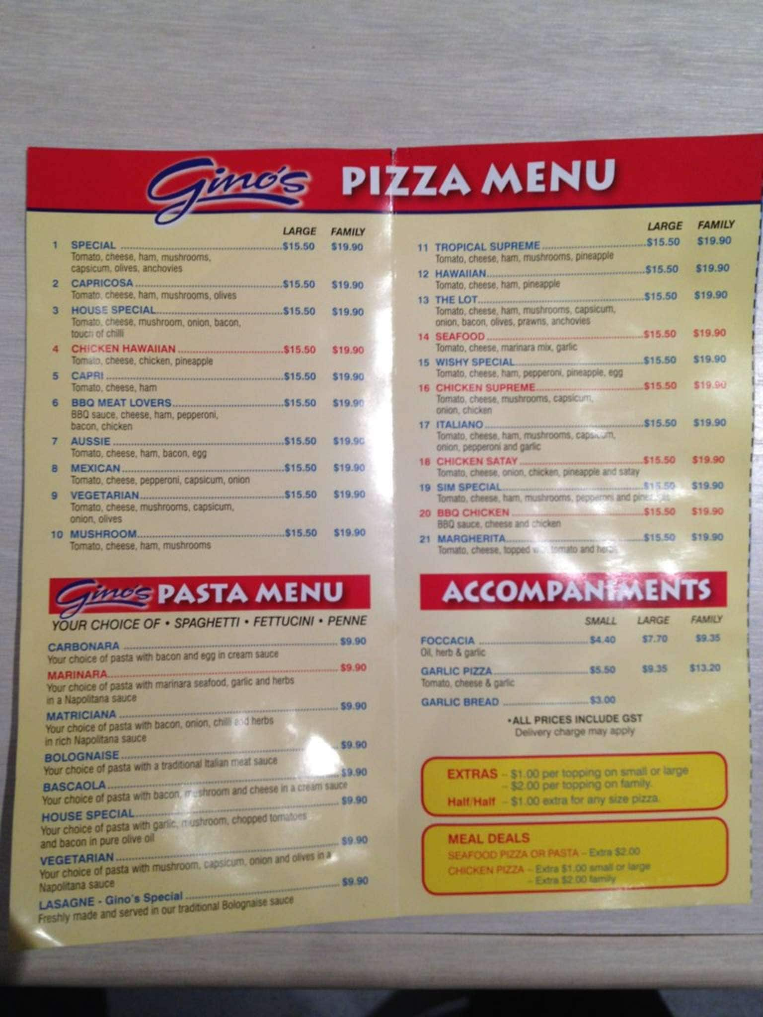 Ginos Pizza Menu, Menu for Ginos Pizza, West Wodonga, West Wodonga