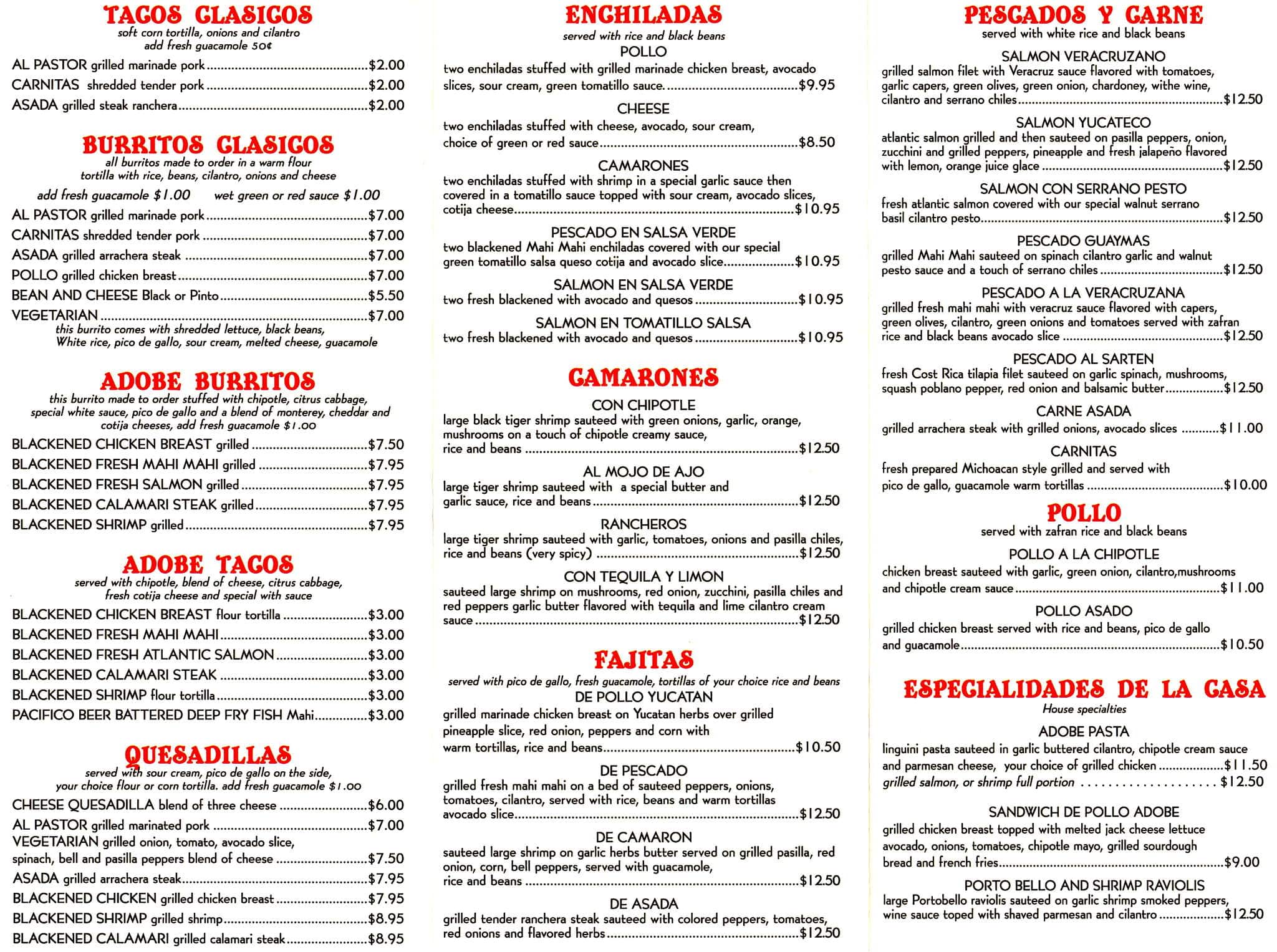 Menu at Taco Adobe restaurant, Orange