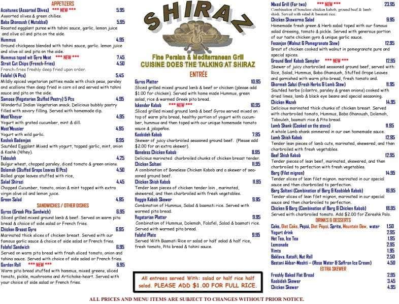 Shiraz Menu, Menu for Shiraz, Tigard, Tigard Urbanspoon/Zomato