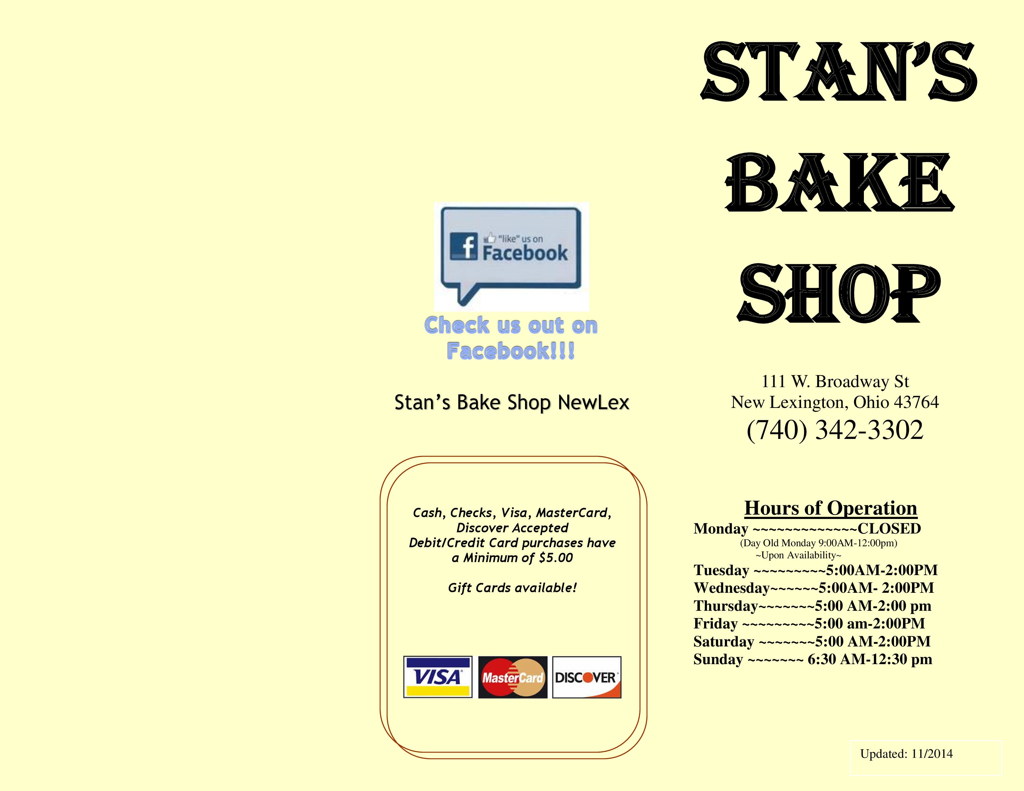 Stan's Bake Shop Menu, Menu for Stan's Bake Shop, New Lexington, New