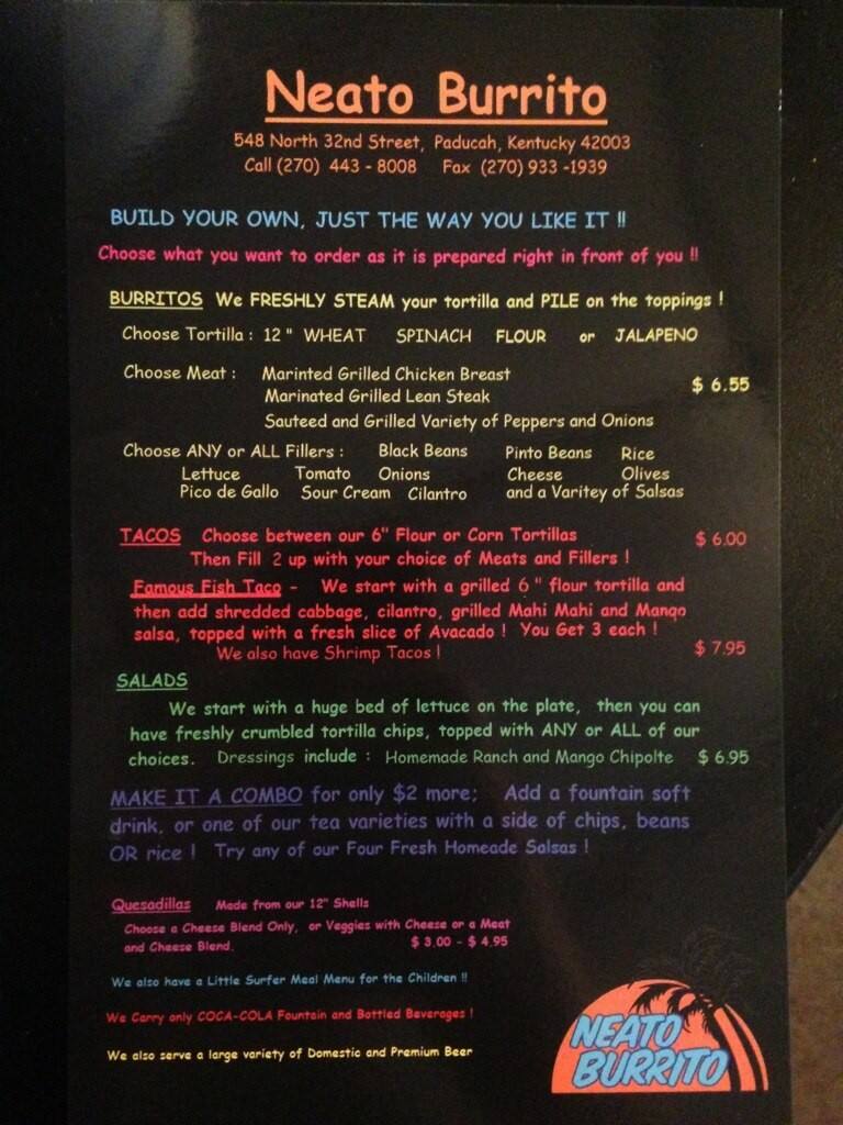 Neato Burrito Menu, Menu for Neato Burrito, Paducah, Paducah