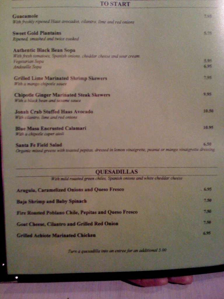 Menu at Santa Fe restaurant, Tivoli