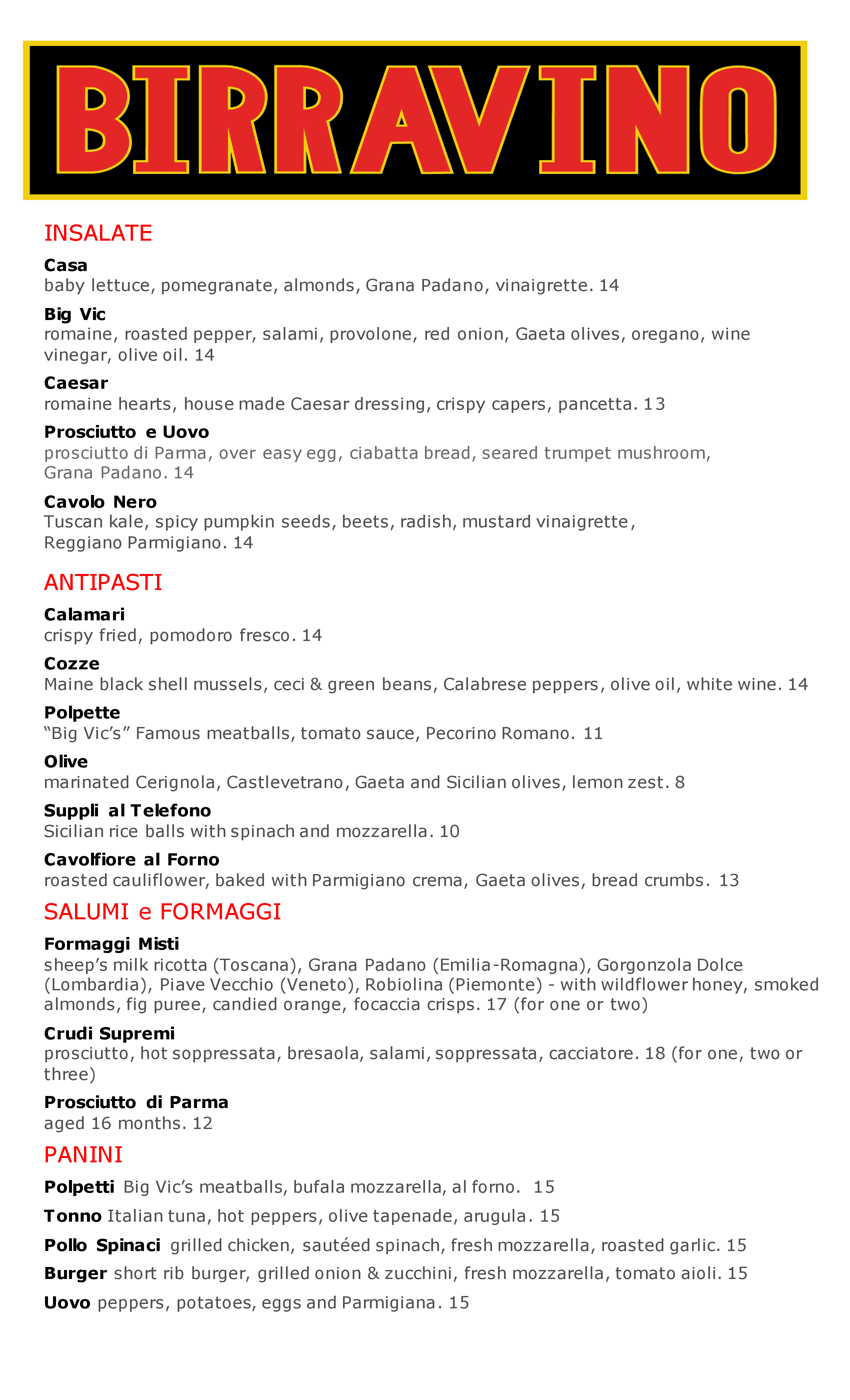 Birravino Menu, Menu for Birravino, Red Bank, Red Bank ...