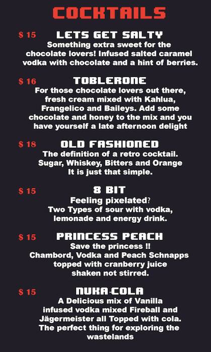 Menu at Spawn Point Video Game Bar, Sydney