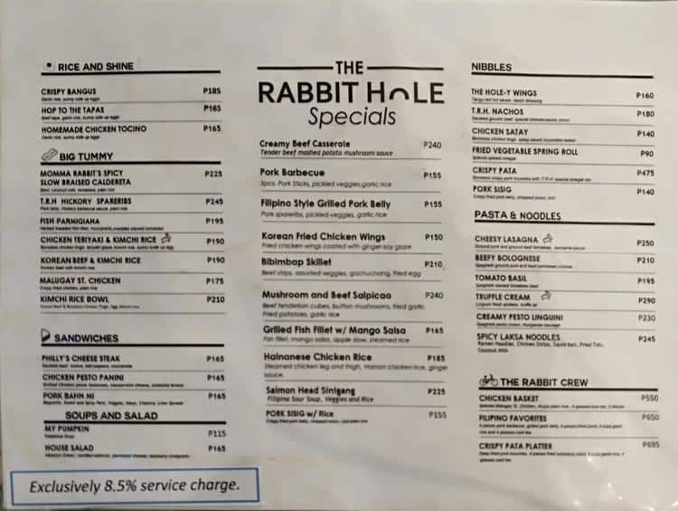 The Rabbit Hole Menu, Menu for The 