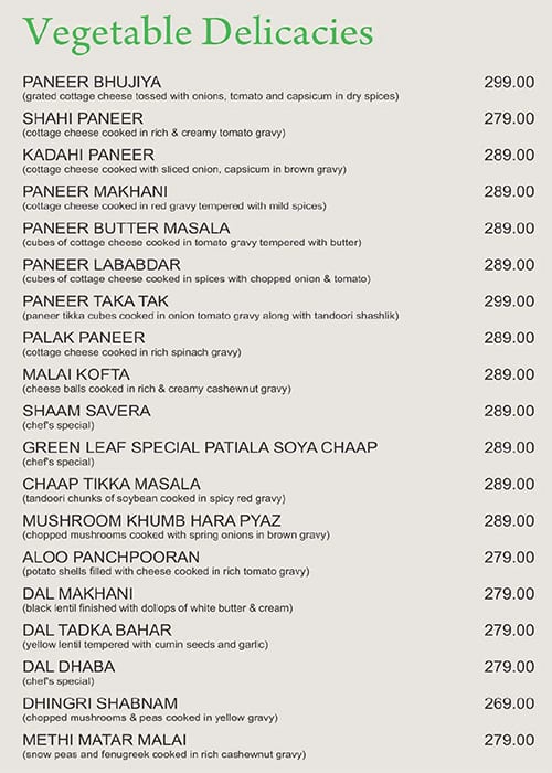 Maini's Green Leaf menu