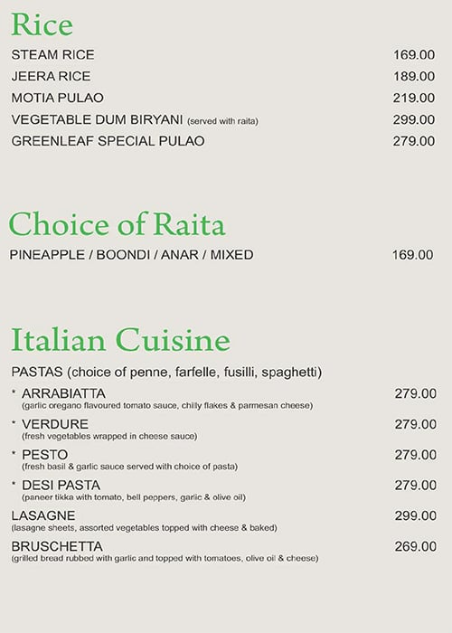 Maini's Green Leaf menu