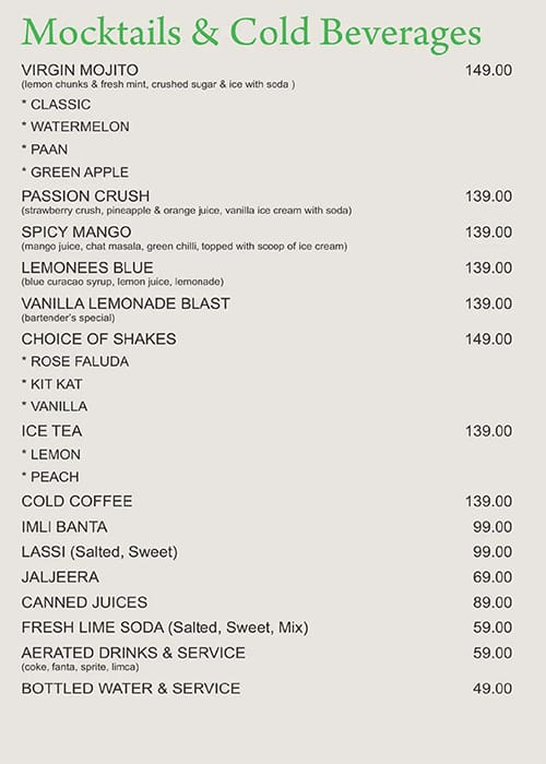 Maini's Green Leaf menu