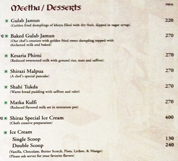 Mughal Room menu