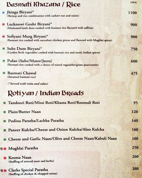 Mughal Room menu