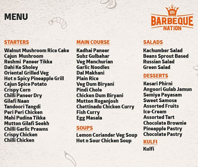 Barbeque Nation Menu Menu For Barbeque Nation Aminijikarai Chennai