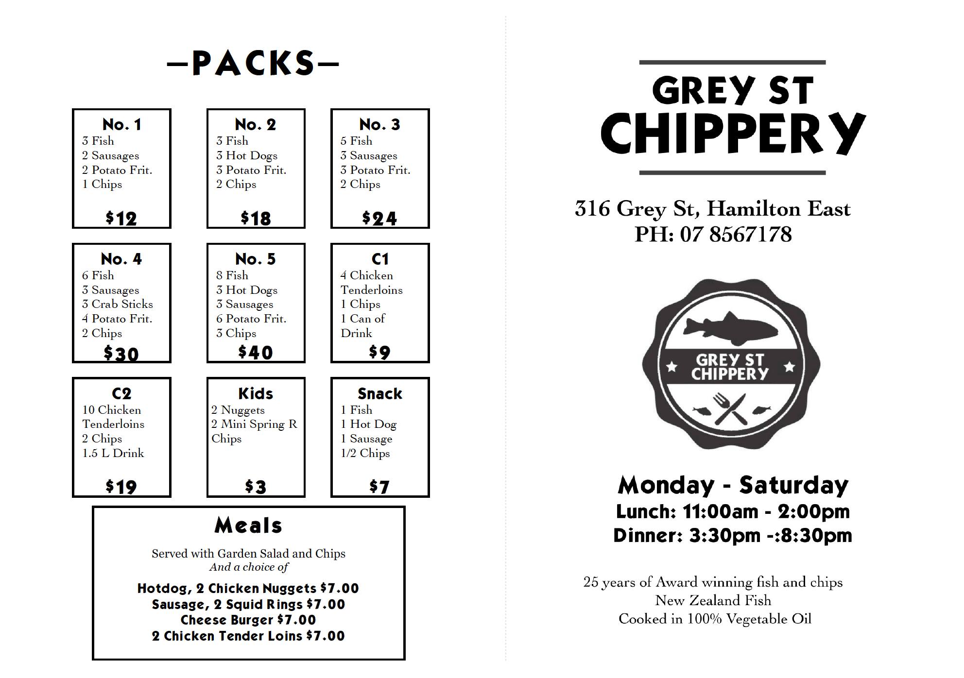 Grey Street Chippery Menu, Menu for Grey Street Chippery, Hamilton East