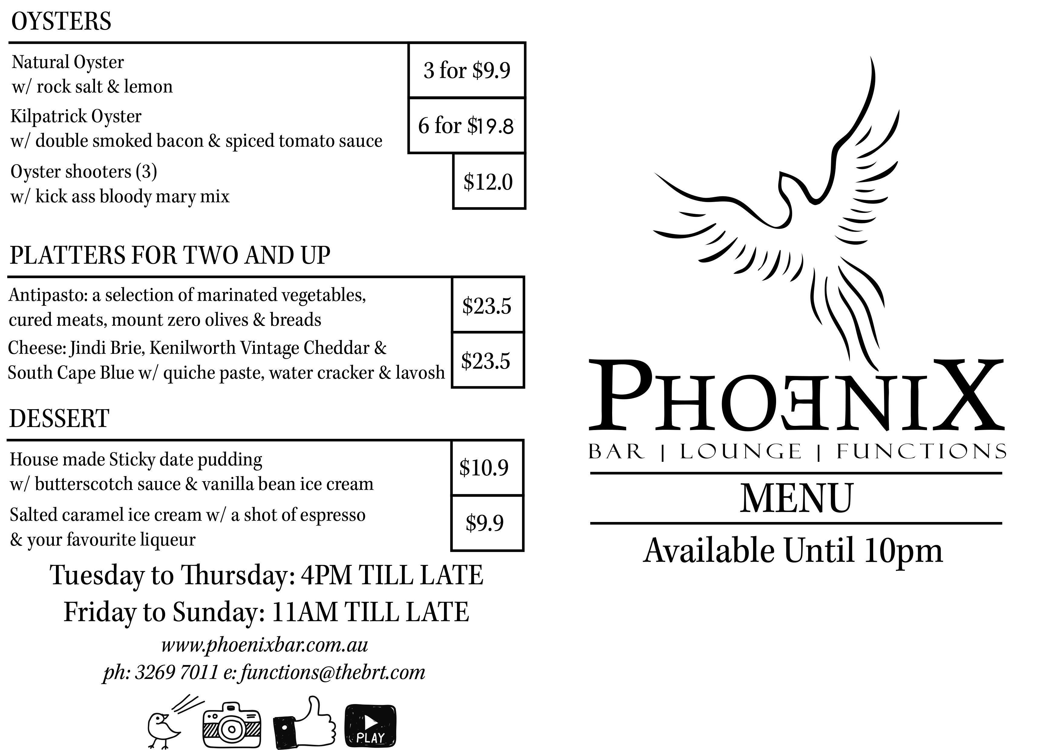 Phoenix Bar Menu, Menu for Phoenix Bar, Bracken Ridge, Brisbane
