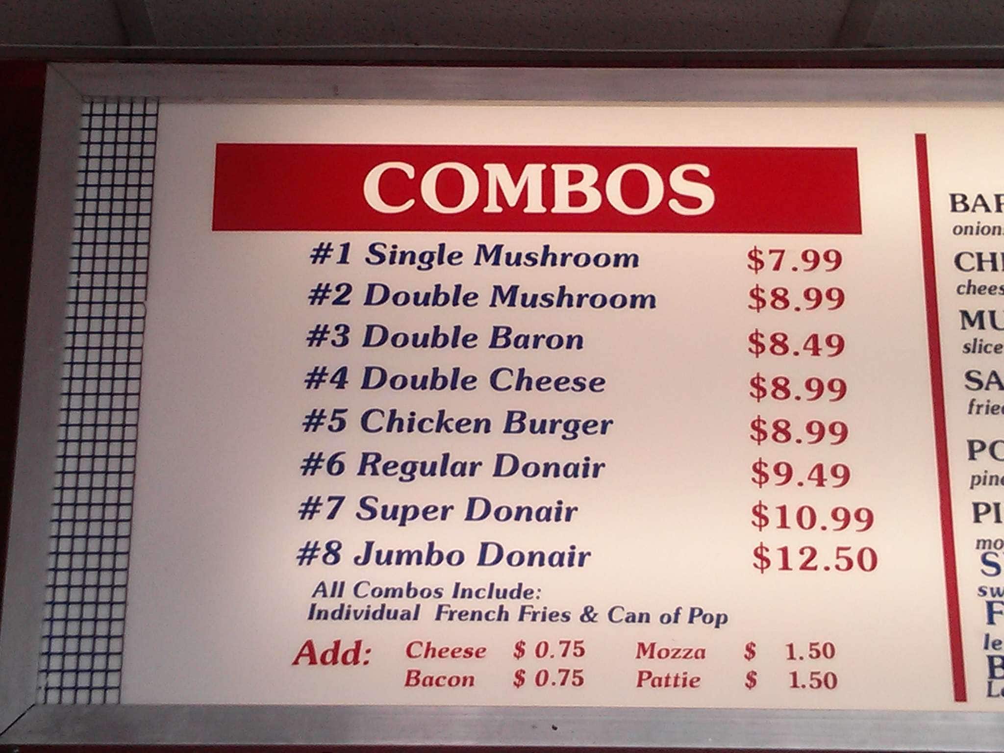 Burger Baron Menu, Menu for Burger Baron, Argyll & Industrial, Edmonton