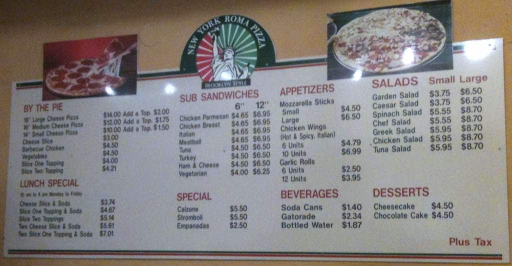 new york roma pizza grove miami menu