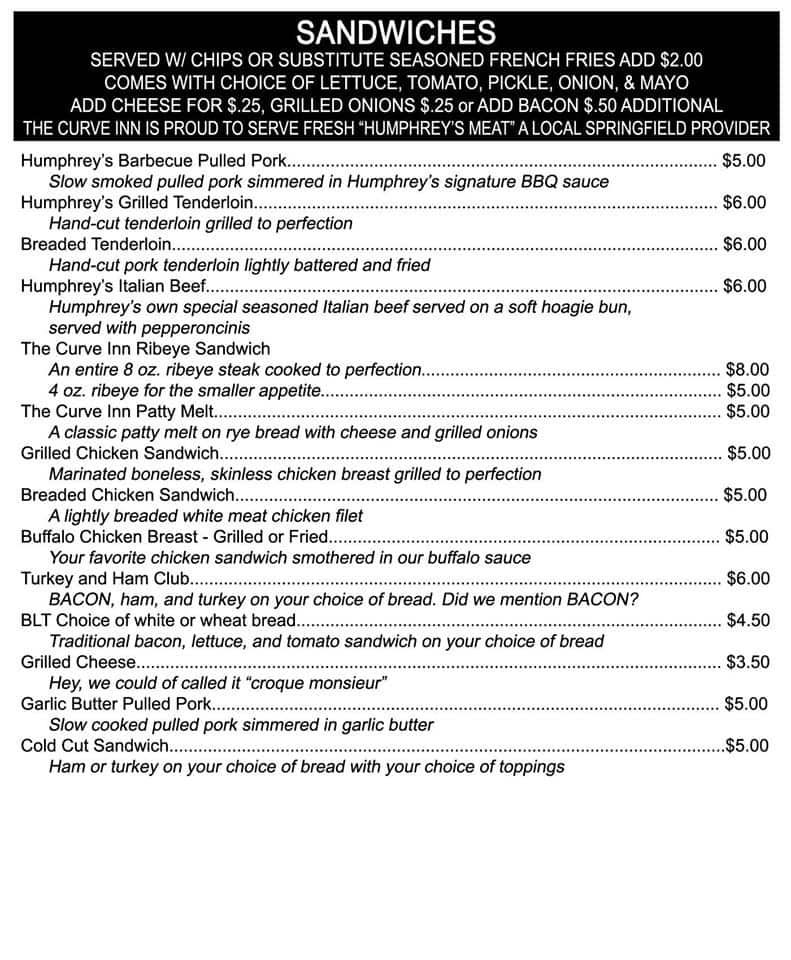 Menu at Curve Inn pub & bar, Springfield