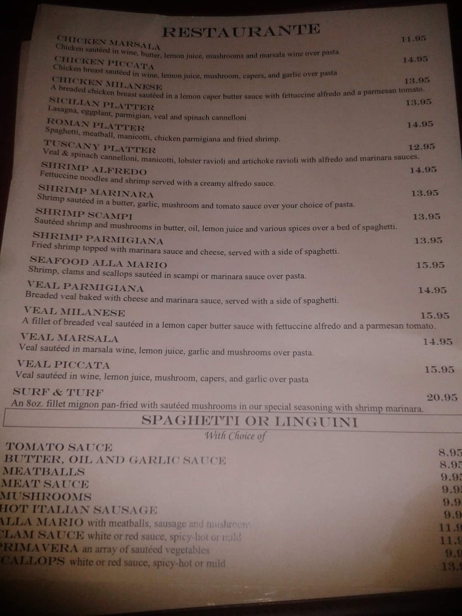 Menu at Mario's Italian Restaurant, Tyler