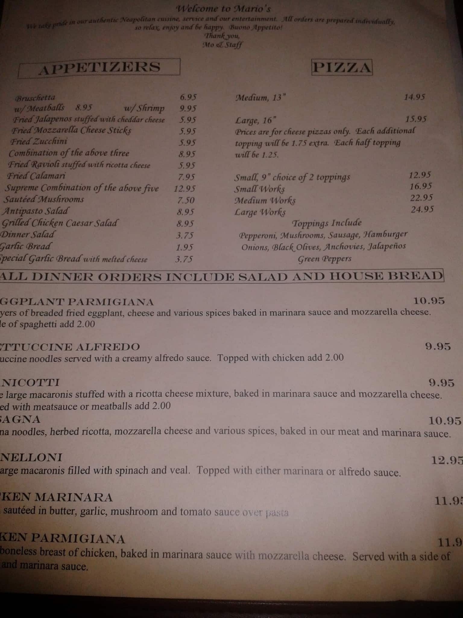 Menu at Mario's Italian Restaurant, Tyler