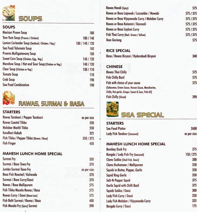 Mahesh Lunch Home Menu, Menu for Mahesh Lunch Home, Residency Road