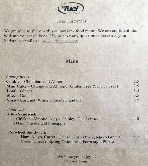 Fuel Espresso Menu, Menu for Fuel Espresso, Thorndon, Wellington City