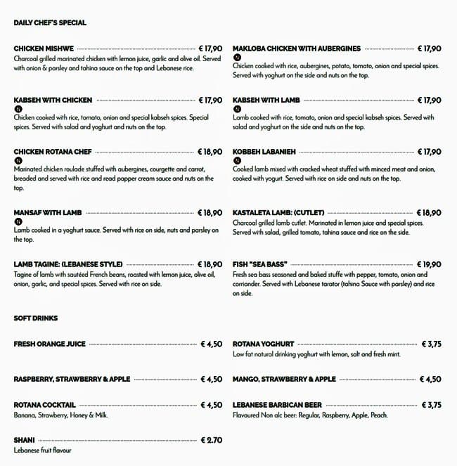 Menu at Rotana Cafe, Dublin, 31 Richmond St S