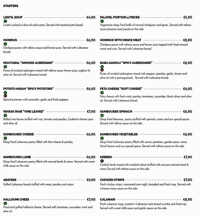 Menu at Rotana Cafe, Dublin, 31 Richmond St S