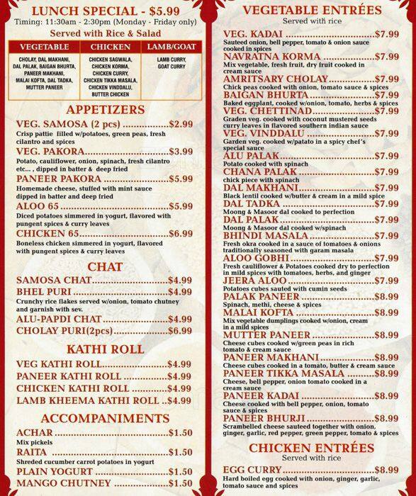 Indian Bistro Menu, Menu for Indian Bistro, Palatine, Chicago