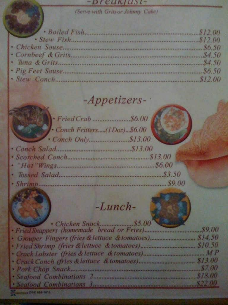 Menu at Goldie's Conch House, Miami