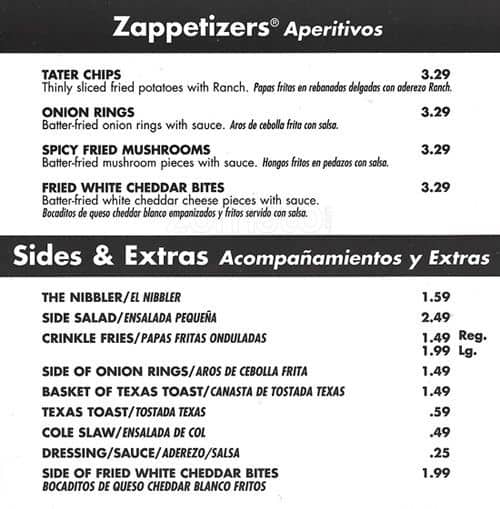 Menu at Zaxby's fast food, The Colony
