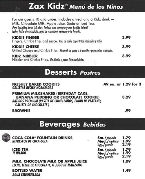 Menu at Zaxby's Chicken Fingers & Buffalo Wings fast food, Richardson