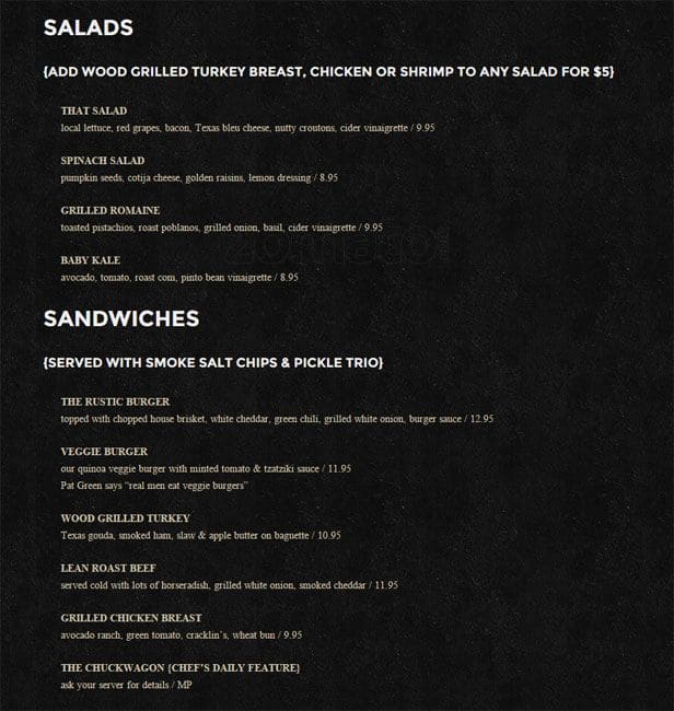 Menu at The Rustic restaurant, Dallas, Howell St